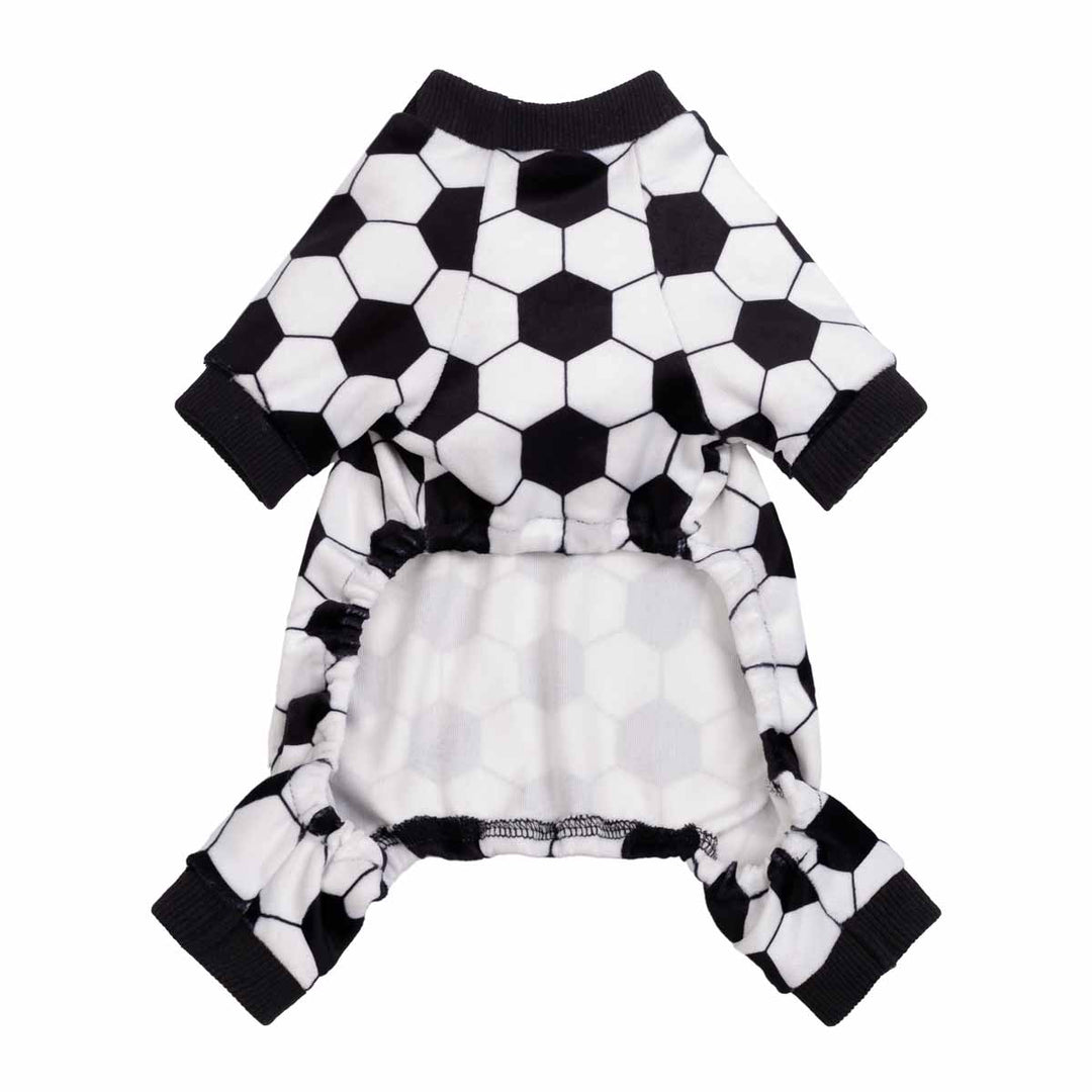 Back view of black and white soccer themed dog pajamas with elastic belly opening