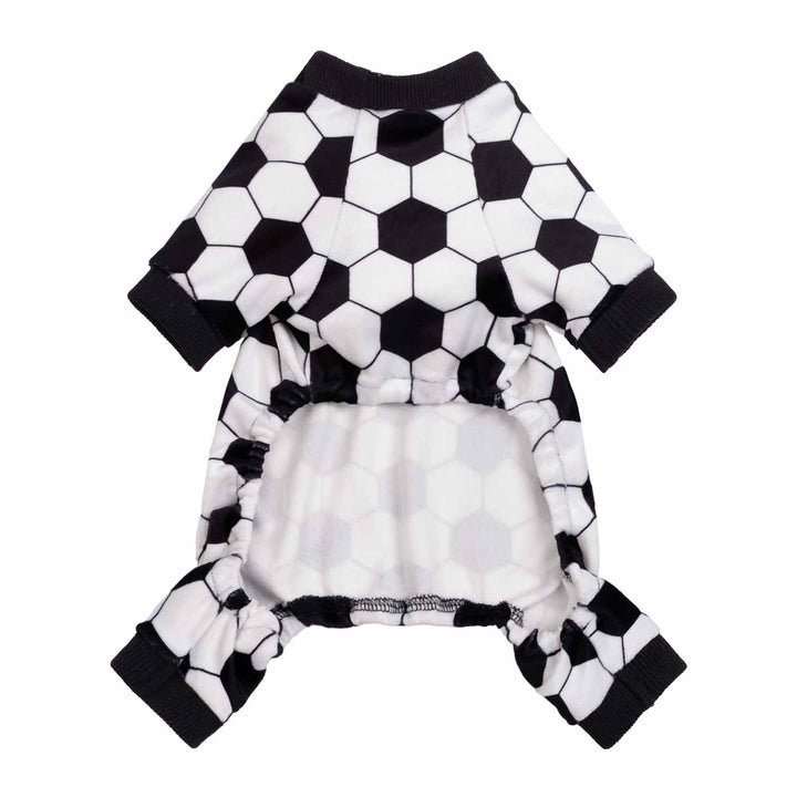 Back view of black and white soccer themed dog pajamas with elastic belly opening