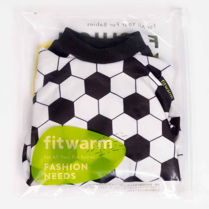 Folded black and white soccer print dog pajamas packaged in Fitwarm branded bag
