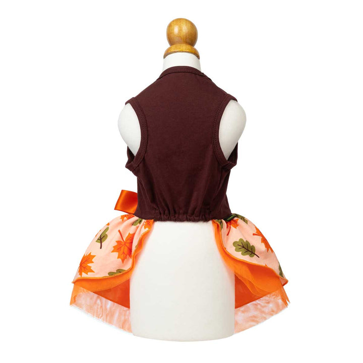 Thanksgiving dog tulle dress shown from the back on a white dress form
