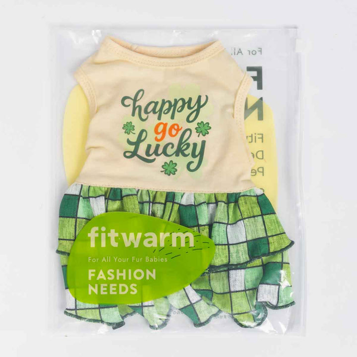 Packaged green plaid dog dress with Happy Go Lucky print by Fitwarm.