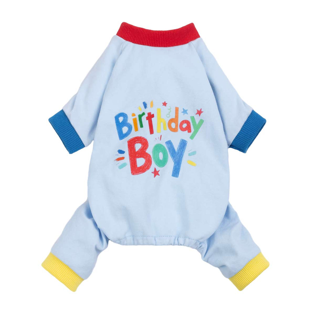 Light blue dog pajamas with colorful “Birthday Boy” print and contrast ribbed cuffs