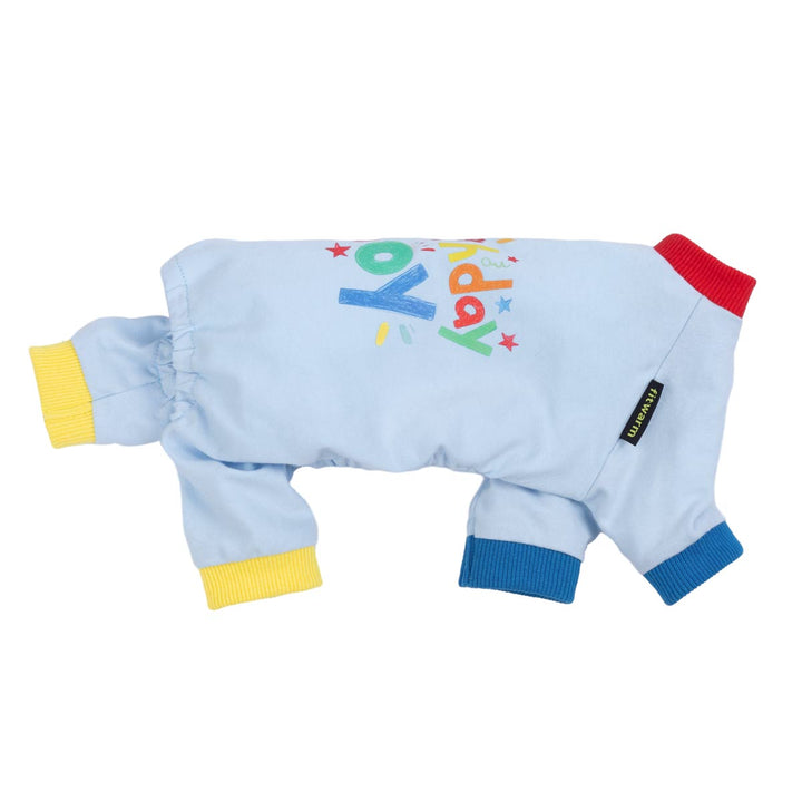 Side view of light blue dog pajamas featuring playful birthday lettering and four leg design