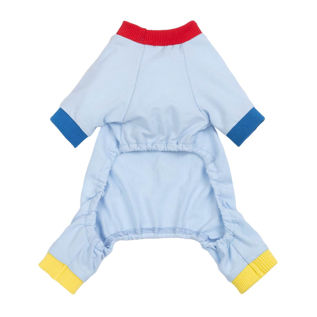 Back view of soft dog pajamas with elastic waist opening and bright cuff details