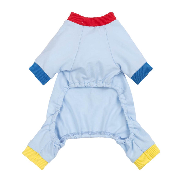 Back view of soft dog pajamas with elastic waist opening and bright cuff details