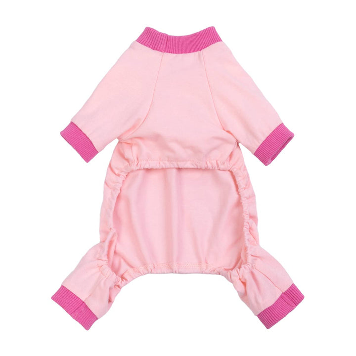 Back view of pink birthday girl dog pajamas featuring elastic waist design for comfort and easy wear.