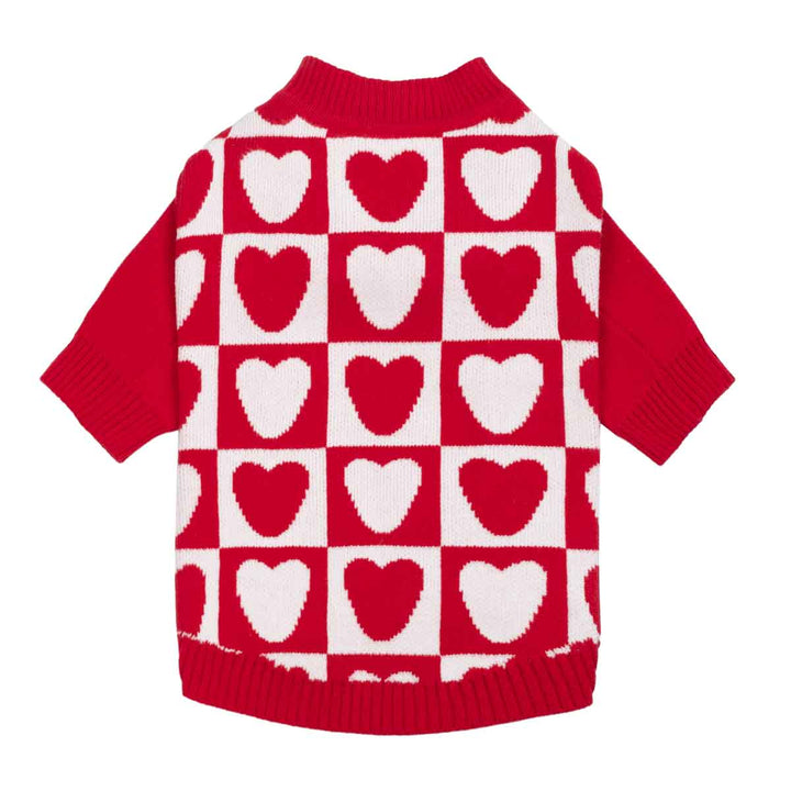 Red and white heart checkered dog sweater with ribbed collar and short sleeves, front view