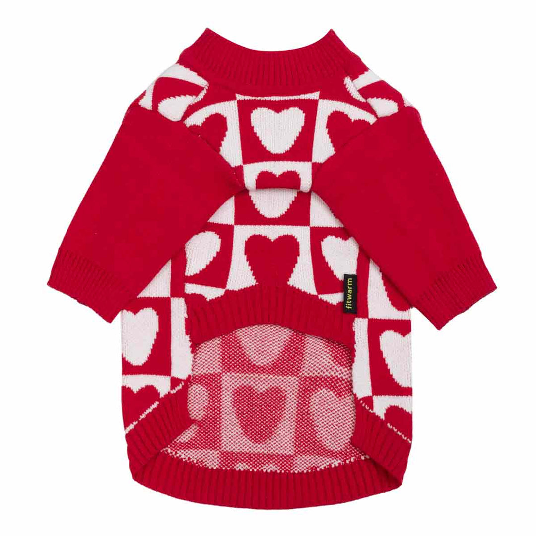 Red heart pattern dog sweater showing back design, ribbed cuffs, and fitted knit structure