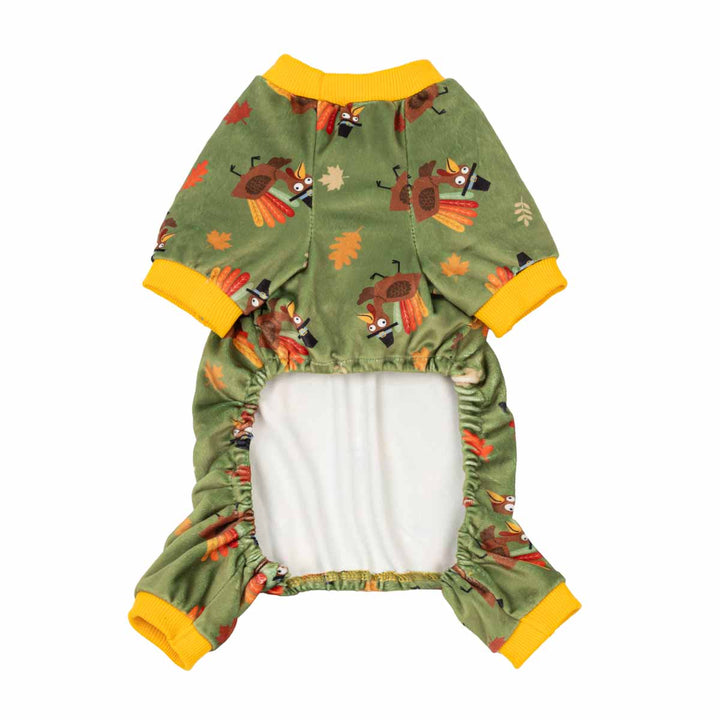 Small green dog Thanksgiving onesie with a cartoon turkey print, yellow trim, and a white fleece lining, shown flat on a white background