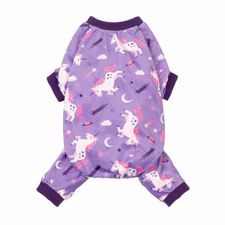 Purple pajamas for dogs with dreamy unicorn and shooting star prints