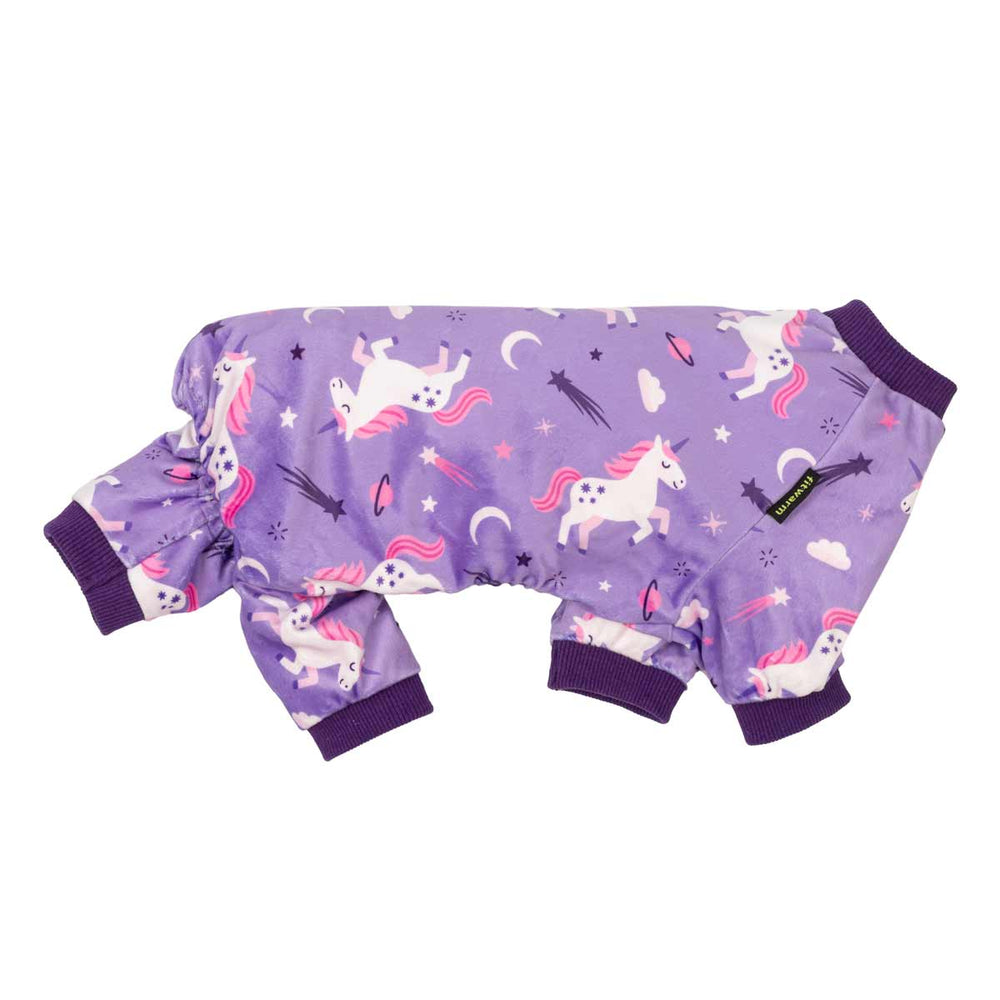 Side view of dog pjs with shooting stars and unicorns
