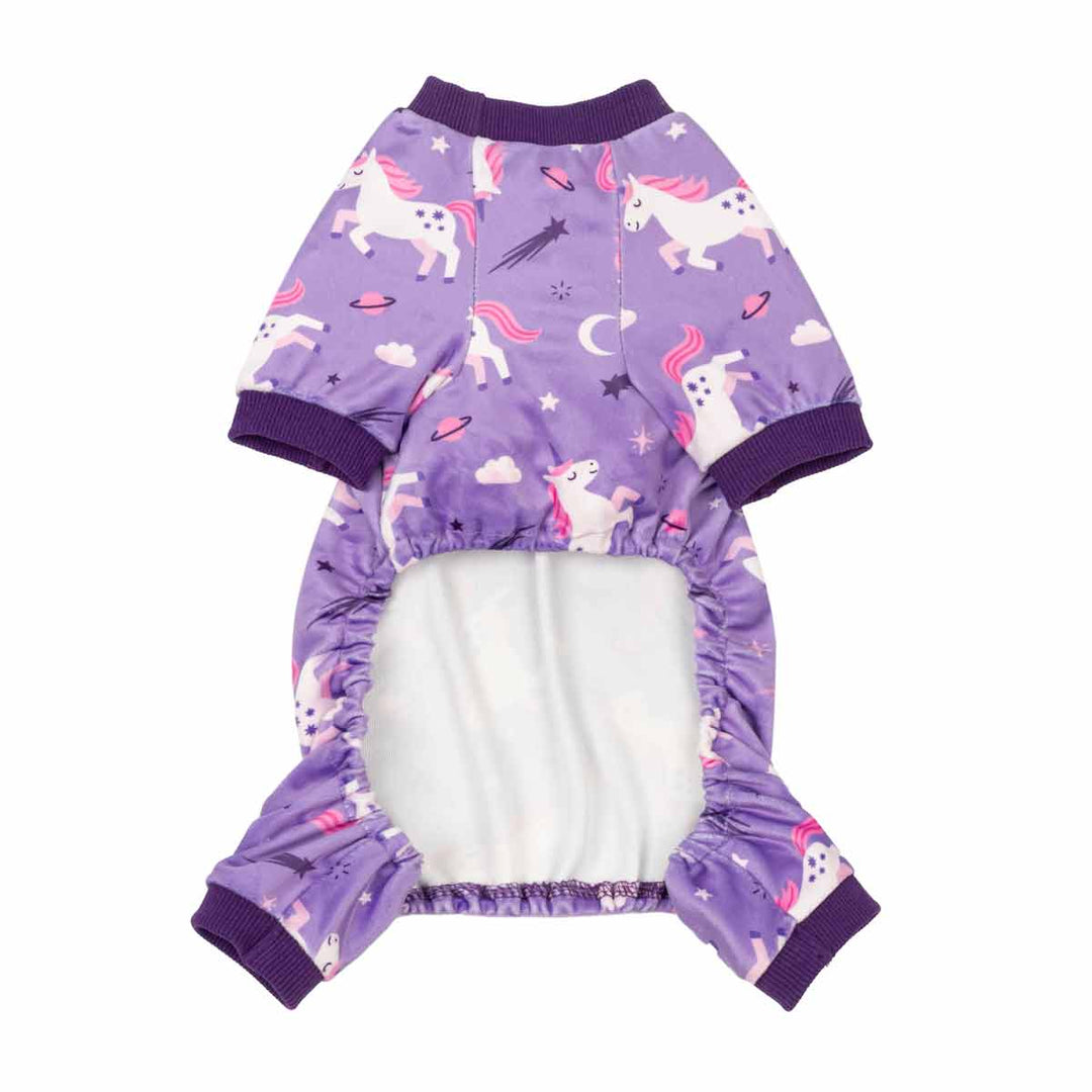 Purple dog onesie featuring a dreamy unicorn and space-themed print, with a white fleece lining visible 