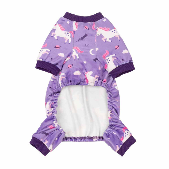 Purple dog onesie featuring a dreamy unicorn and space-themed print, with a white fleece lining visible 