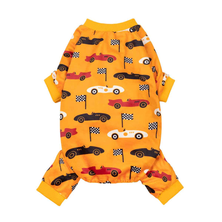 Yellow-orange dog jumpsuit with a colorful race car and checkered flag print, shown flat on a white background