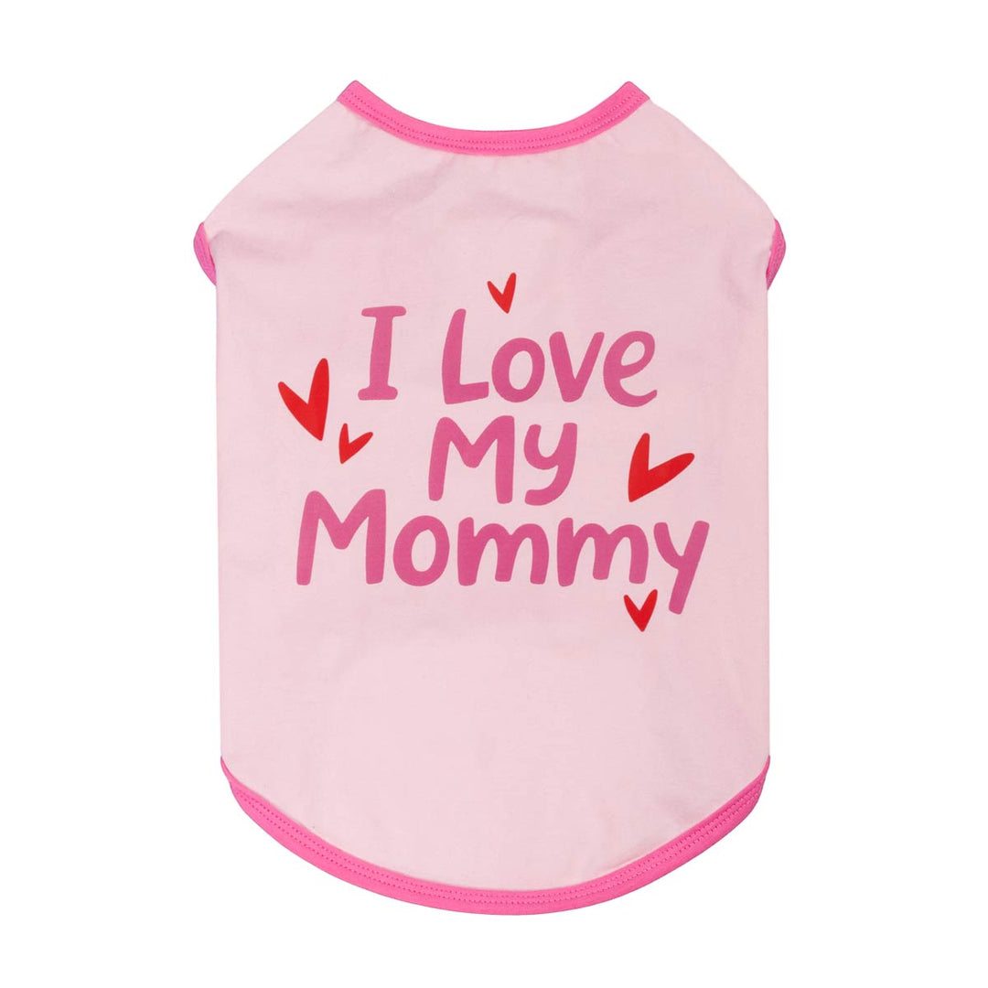 Pink dog shirt with 'I Love My Mommy' lettering on a white background