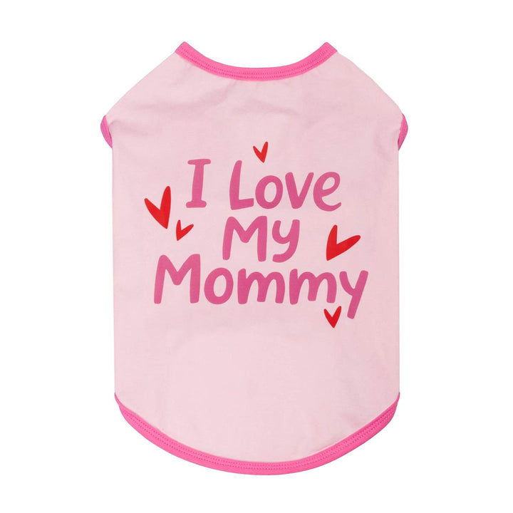 Pink dog shirt with 'I Love My Mommy' lettering on a white background