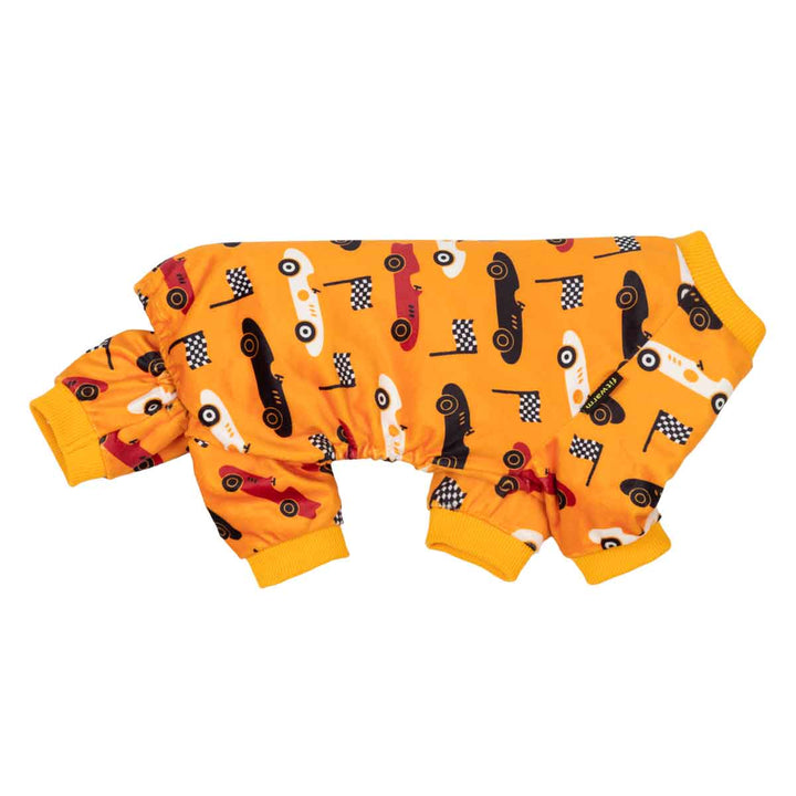 Side view of dog pjs featuring an all-over pattern of race cars in red, white, and black, with checkered flags and striped decals