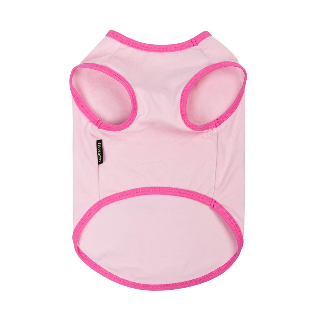 Pink dog tank top with pink trim on a white background