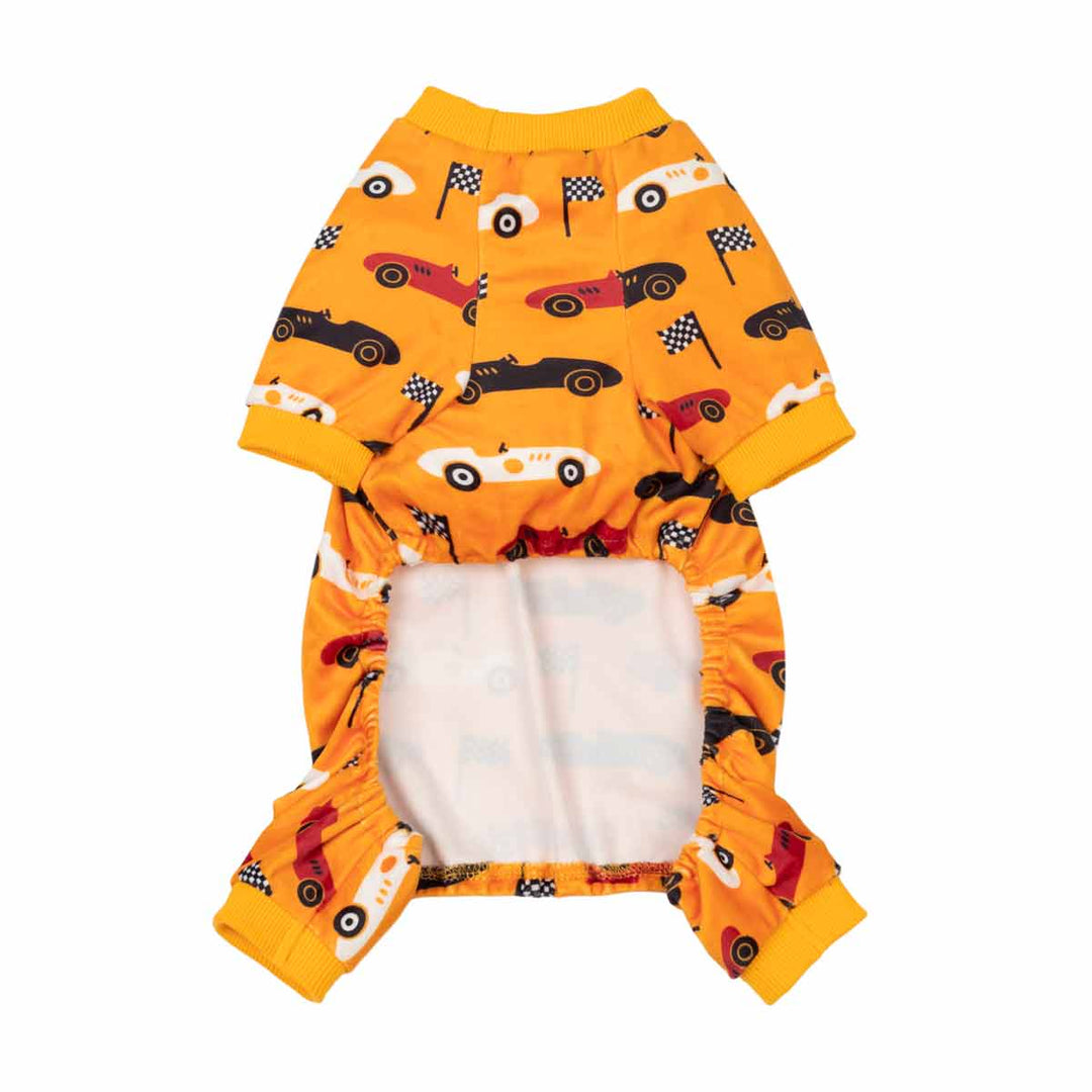 Cozy dog onesie with a racing car pattern, laid flat on a white background to show the interior lining