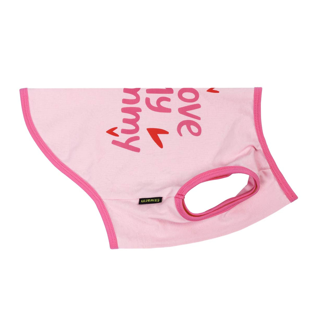Pink shirt for dogs with text on a white background