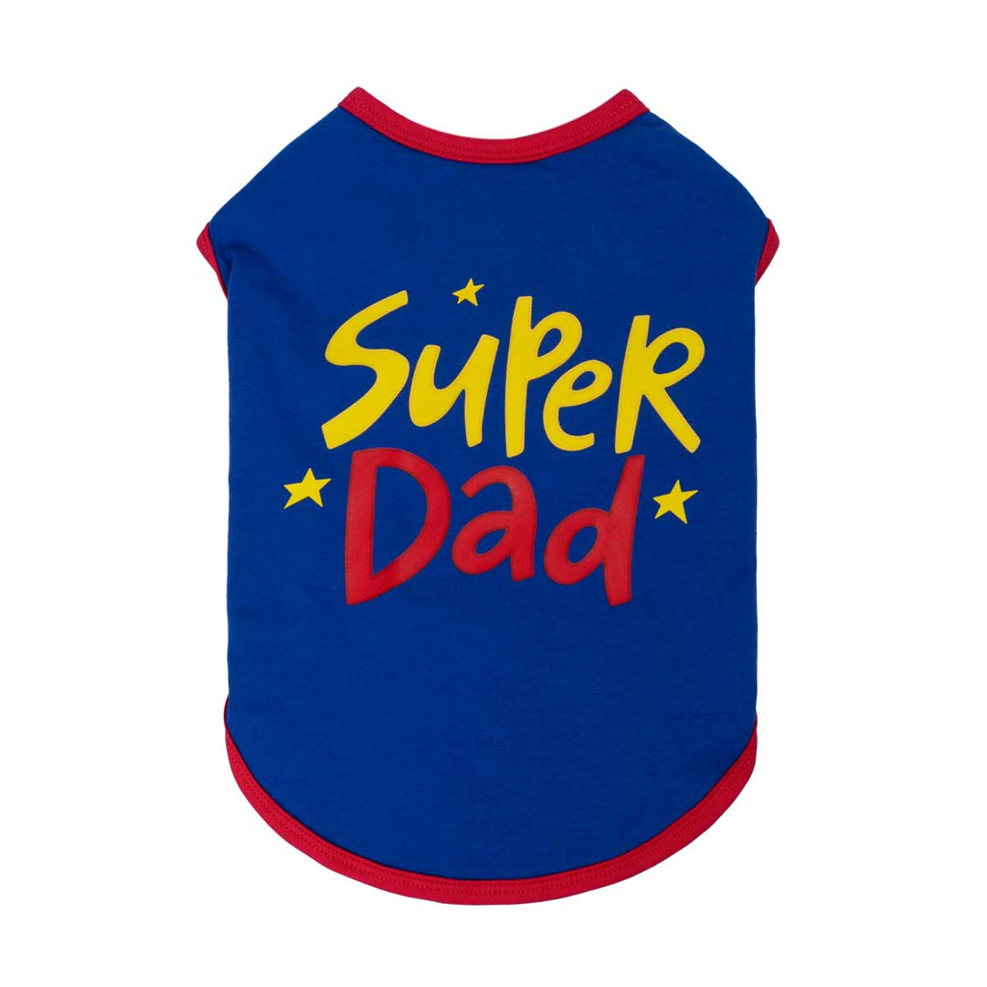 Blue dog shirt with 'Super Dad' lettering on a white background