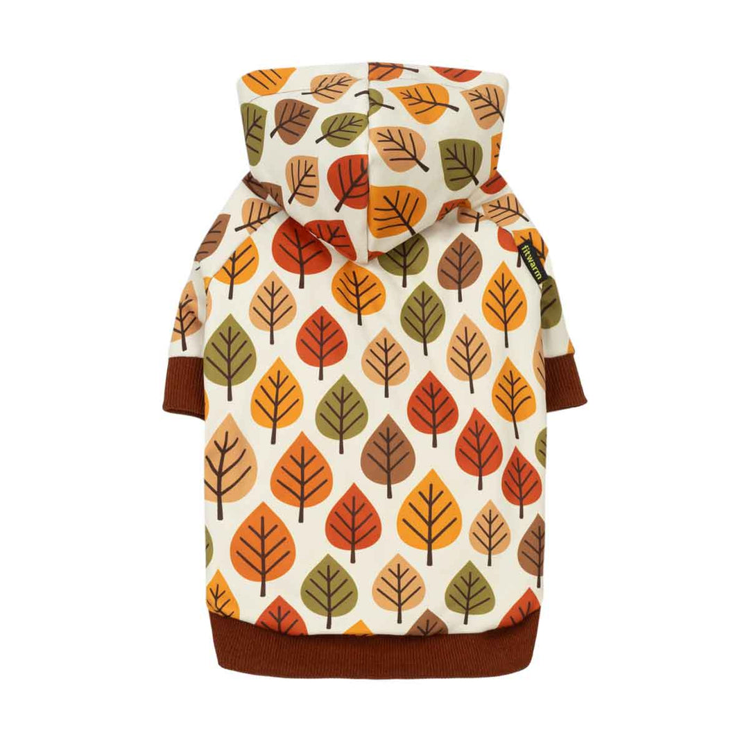 Autumn dog hoodie features an all-over autumn leaf pattern in orange, yellow, green, and brown on a cream background, with solid brown ribbed trim at the cuffs and hem