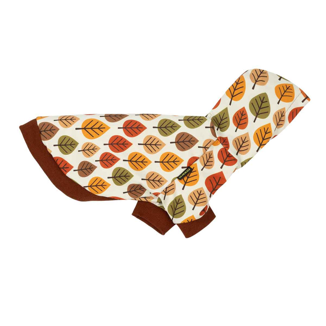 Side view of dog hoodie with all over autumn leaf prints