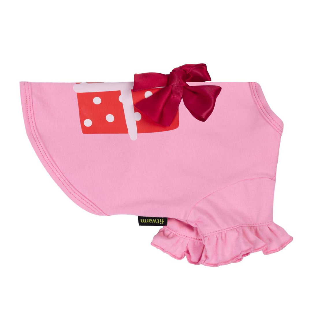Pink dog tshirt with red bow and white polka dots gift box on a white background
