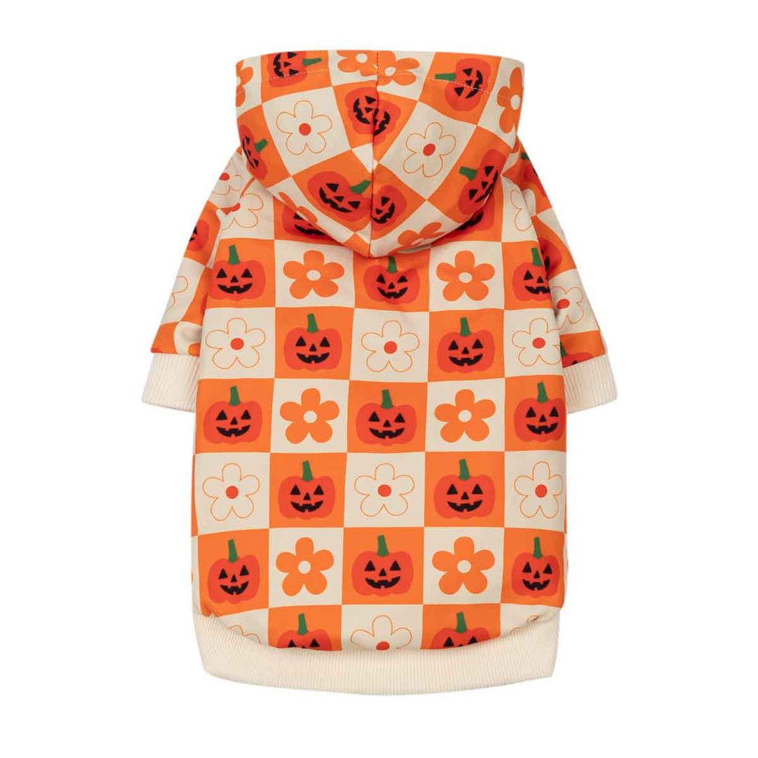 Classic dog hoodie with a Halloween-themed checkerboard pattern featuring orange pumpkins and cream flowers, shown against a plain white background