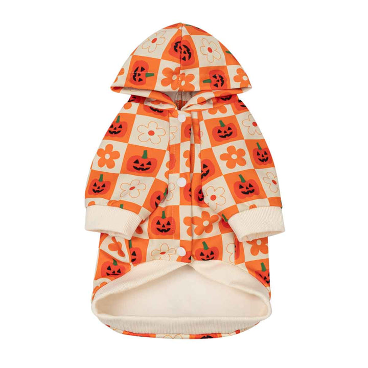 Small hooded dog sweatshirt with a Halloween-themed print of orange pumpkins, white flowers, and black faces on an orange and cream checkered pattern