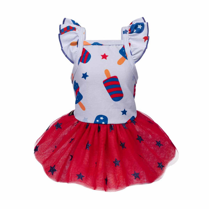 Patriotic dog dress with red skirt and white top featuring striped ice pop patterns on a white background