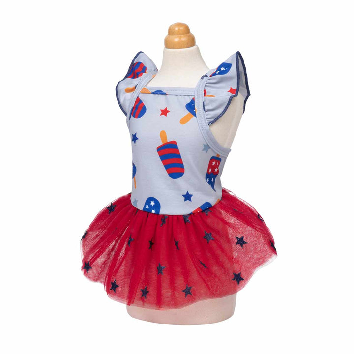 4th of July dress for dogs with red and blue design on a mannequin against a white background