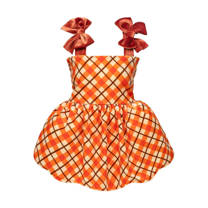 Classic sleeveless dress for dogs with a vibrant orange, white, and brown plaid pattern, featuring a gathered flared skirt and matching orange satin bow straps on a plain white background