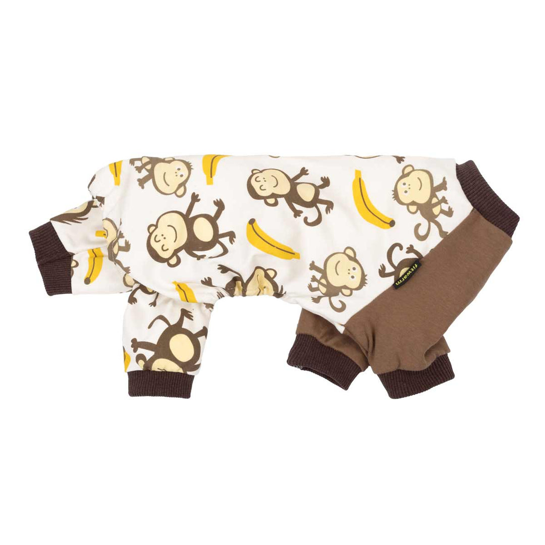 Dog pjs with monkey and banana pattern on a white background