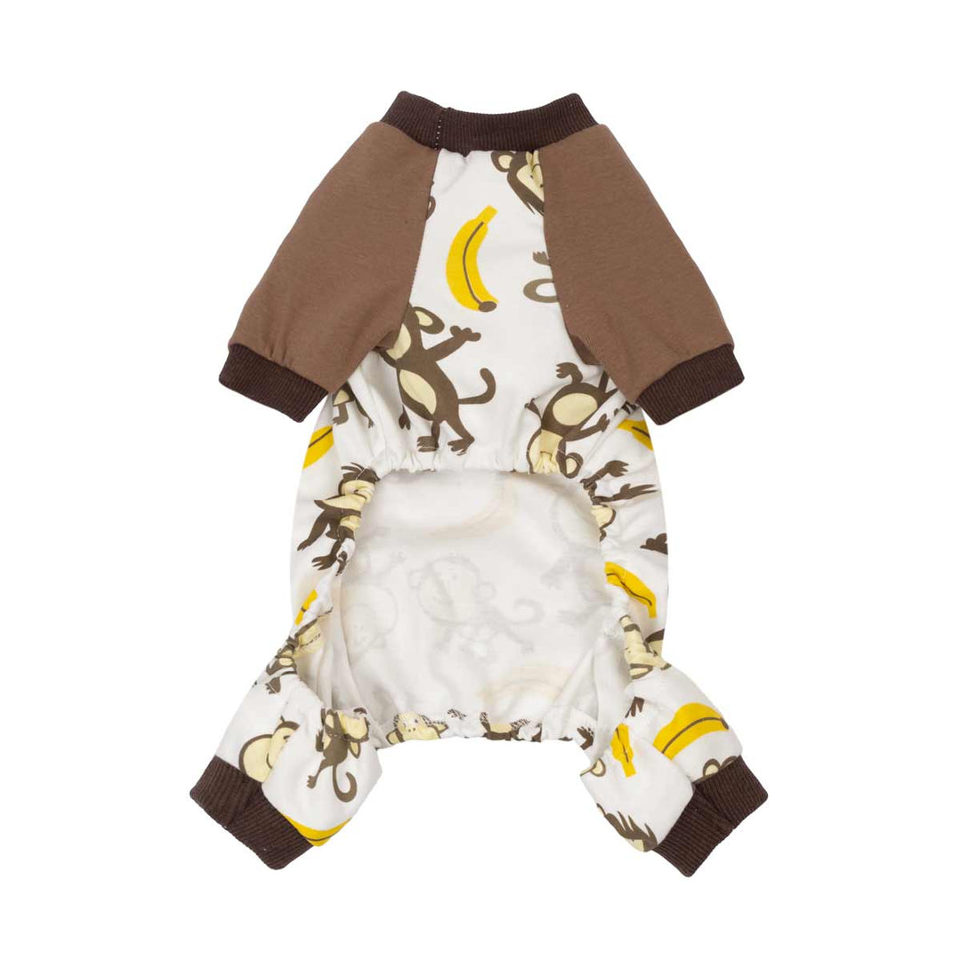 Fitwarm dog pajamas: monkey banana print, tan sleeves, brown cuffs. Cotton sleepwear.