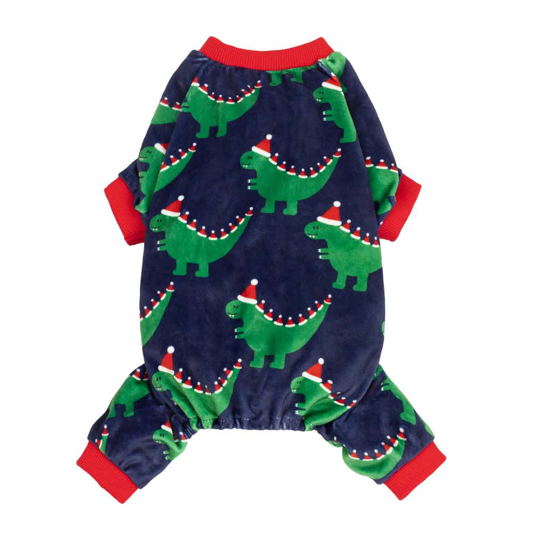 Funny dog Christmas pajamas with dinosaur in Christmas hat