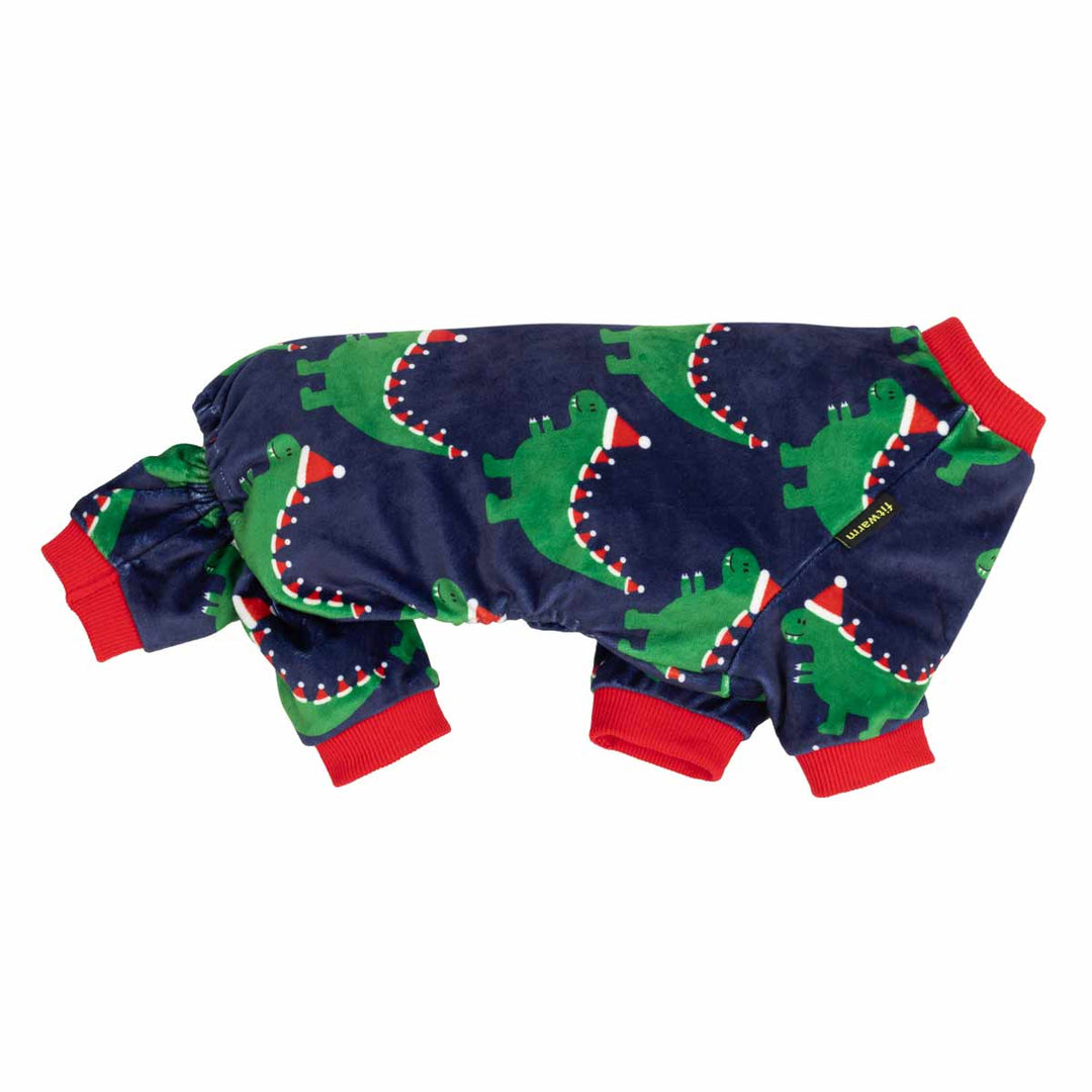 Side view of Christmas pajamas for dogs in a all over dinosaur with Christmas hat prints
