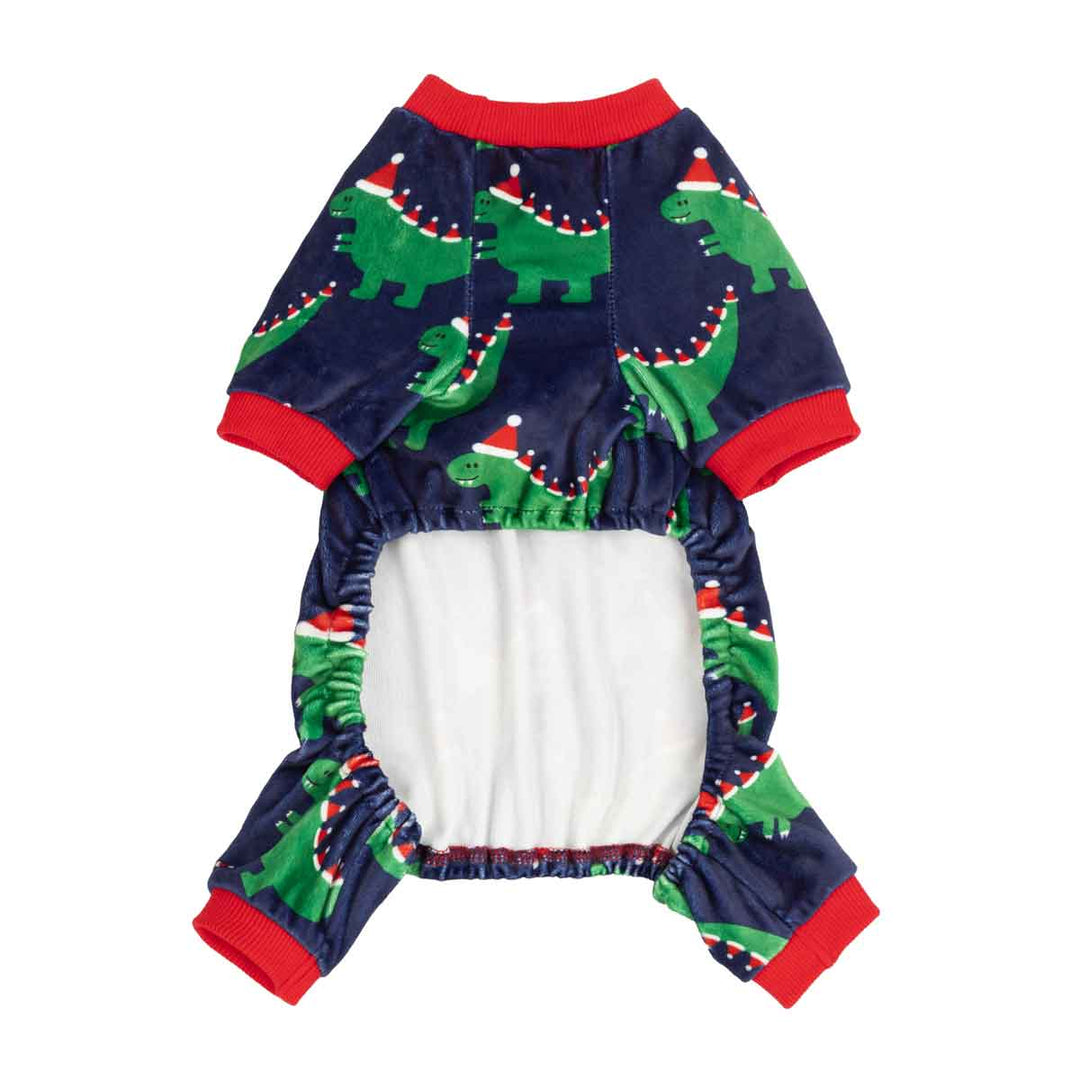 Christmas dog fleece pajamas with Christmas hat dinosaur on a white background