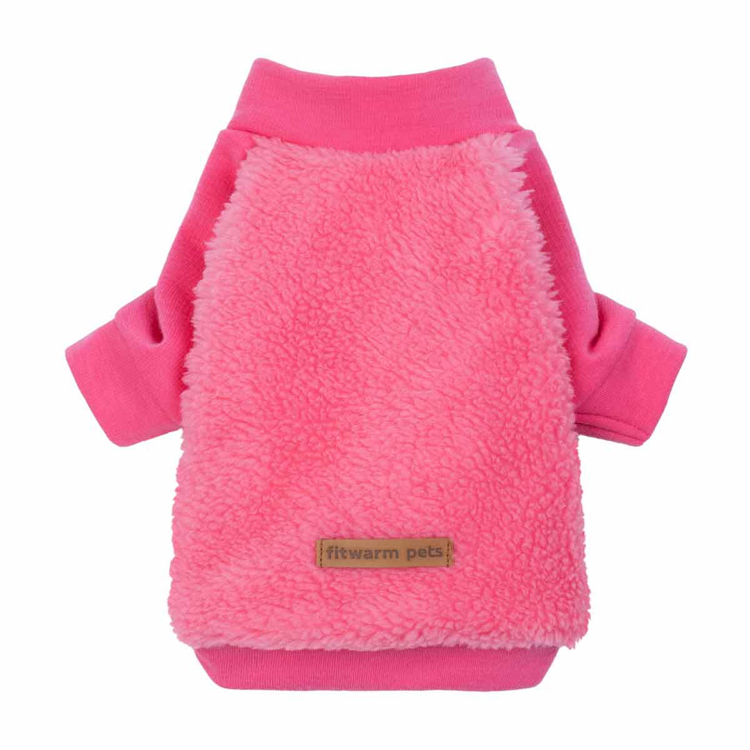 Pink sherpa dog sweater front view with soft texture and ribbed trims.