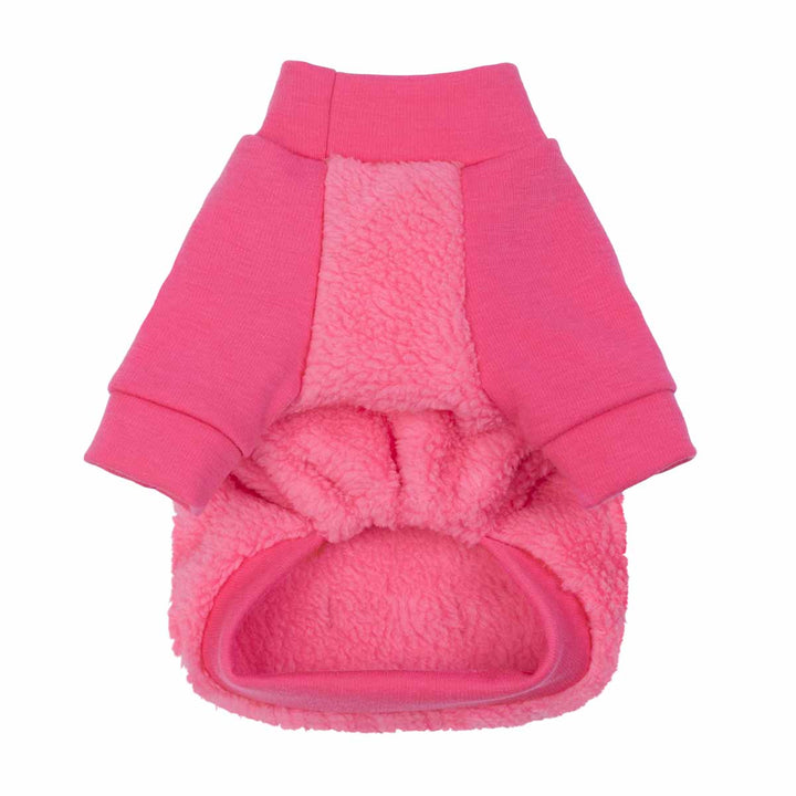 Back view of pink dog sweater showing sherpa panel.