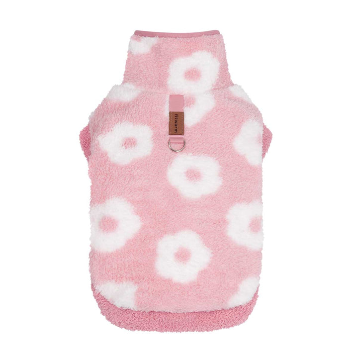 Fuzzy dog coat with adorable flower prints and convenient D-ring design