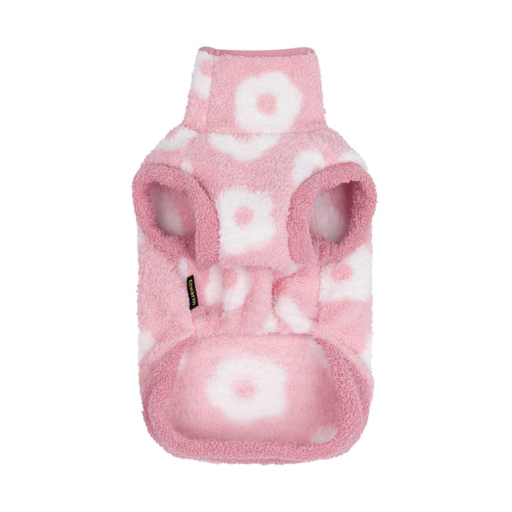 Pink fleece dog coats with a white floral pattern, featuring a high collar and front leg covers, shown on a plain white background
