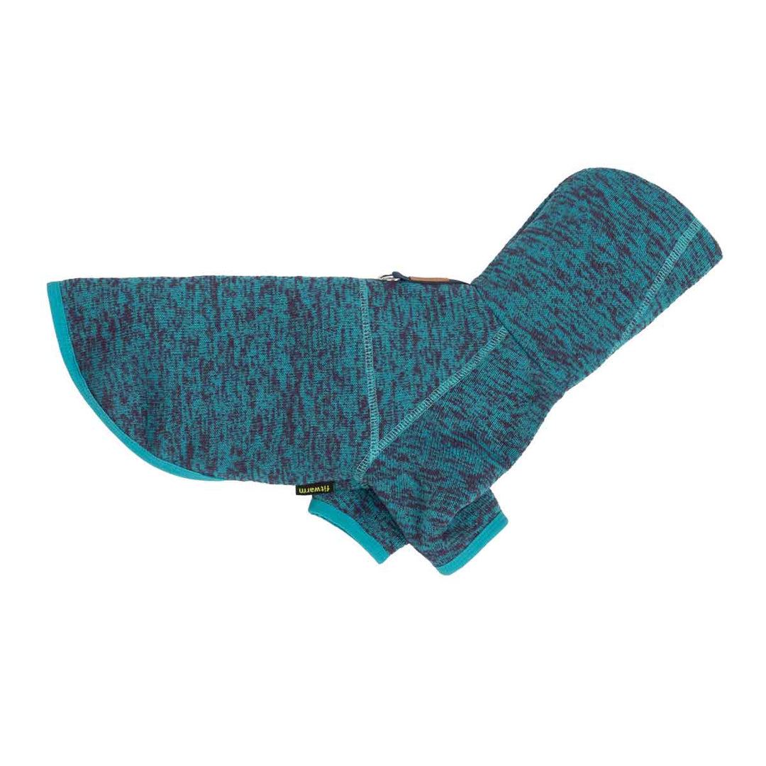 Side view of dog knitted hoodie in heathered blue and designed with D-ring