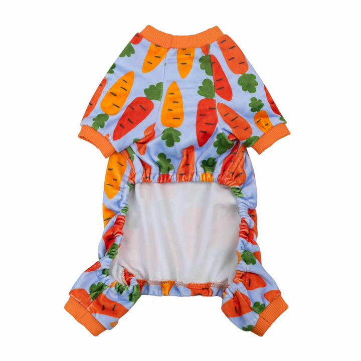 Back view carrot print dog pajamas with elastic belly opening and orange cuffs.