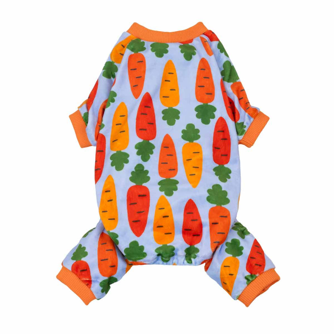 Carrot print dog pajamas with orange rib cuffs and blue background, front view.