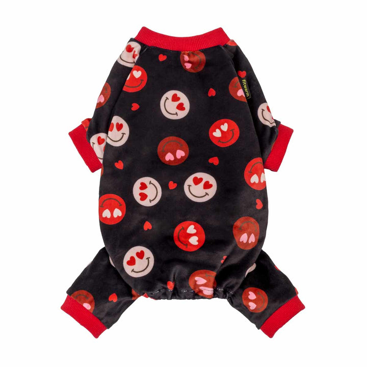 Black dog pajamas with heart-eyes smile pattern and red trim, perfect for Valentine's Day.