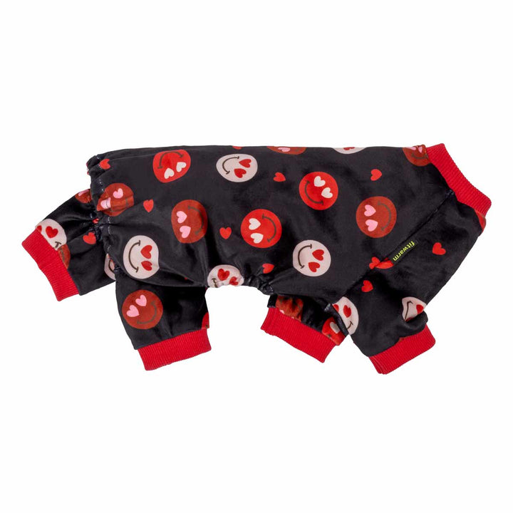 Black dog pajamas with heart-eyes smiley pattern and red cuffs. Features a "fitwarm" tag.