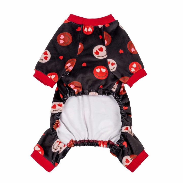 Black dog pajamas with red heart-eyes smiley pattern. Soft fabric with red trim.
