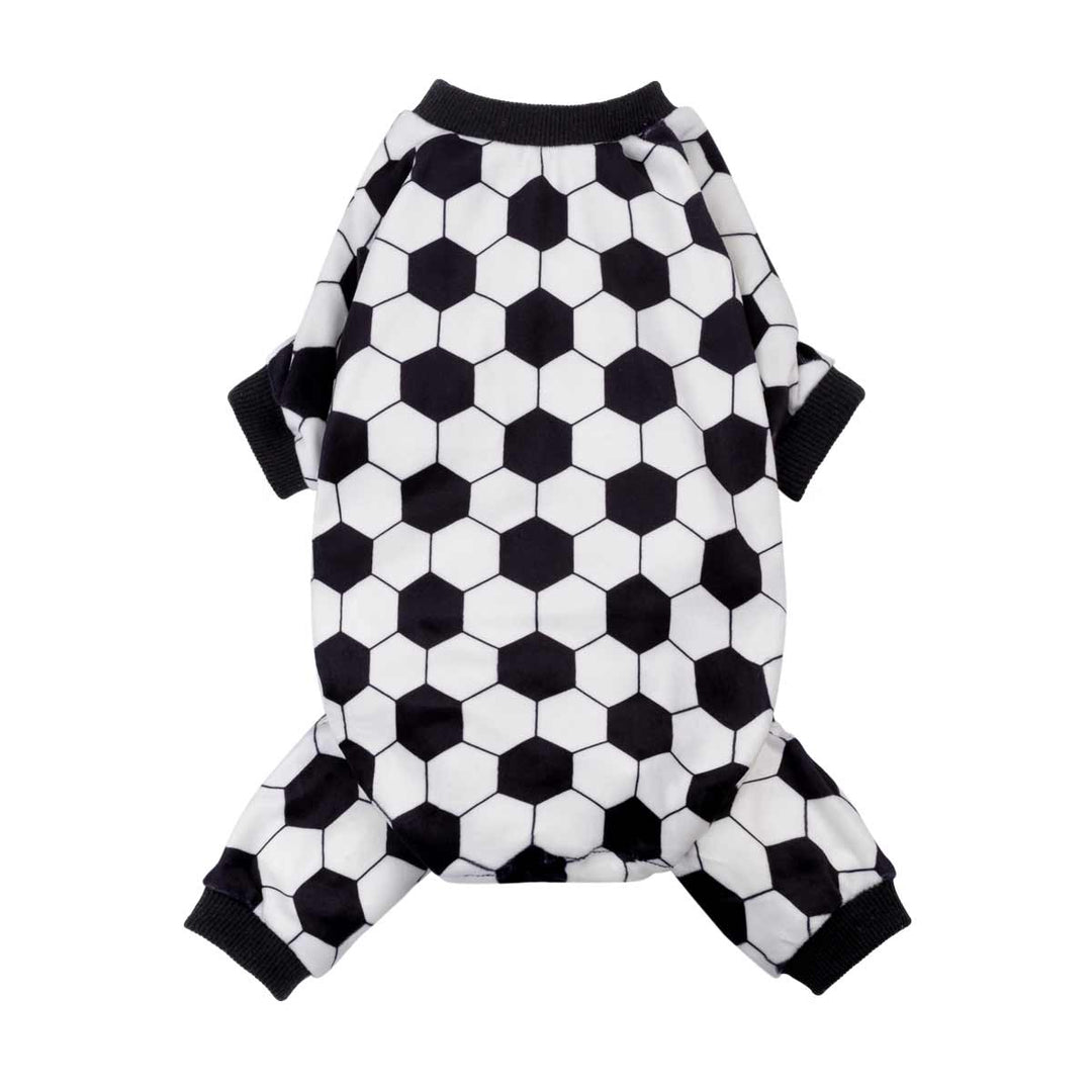Black and white soccer pattern dog pajamas with ribbed cuffs shown in front view