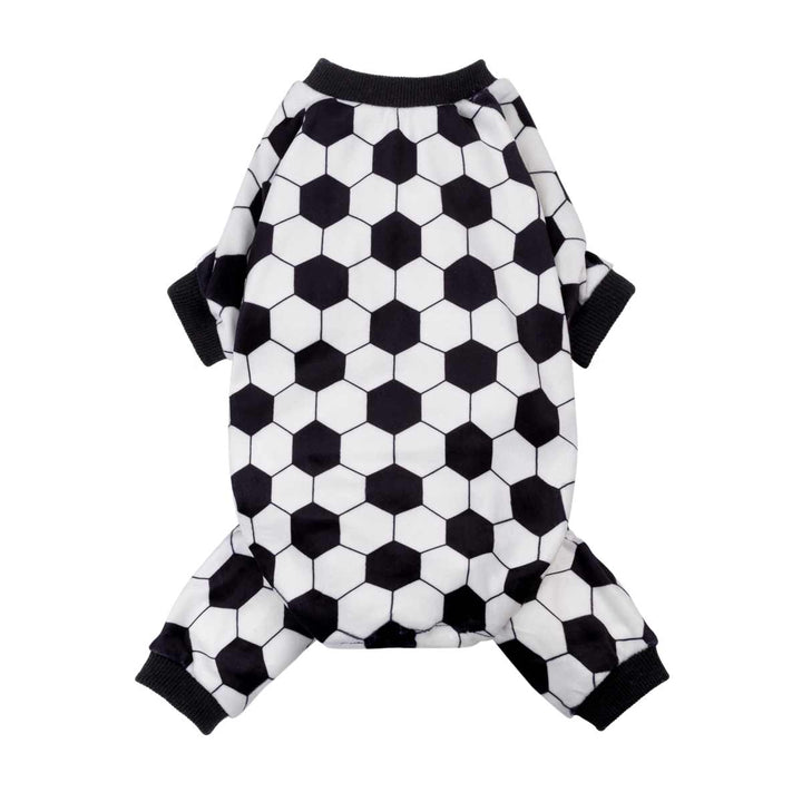 Soccer Dog Pajamas featuring classic black and white hexagon soccer ball print.